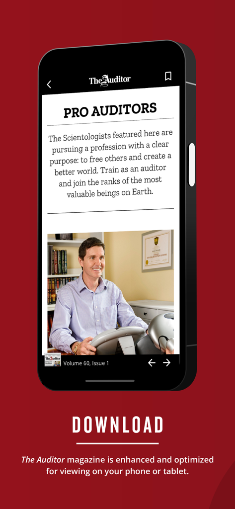 The Auditor - Interfaz de la aplicación móvil The Auditor mostrando un artículo titulado Pro Auditors con una imagen de un practicante.