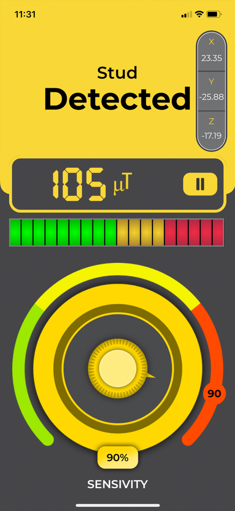 Stud Finder app screen showing a detected stud and magnetic field readings