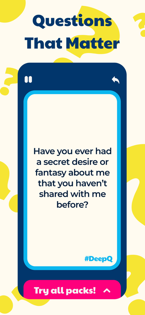 DeepQ app interface displaying a deep relationship question for couples on a digital card.