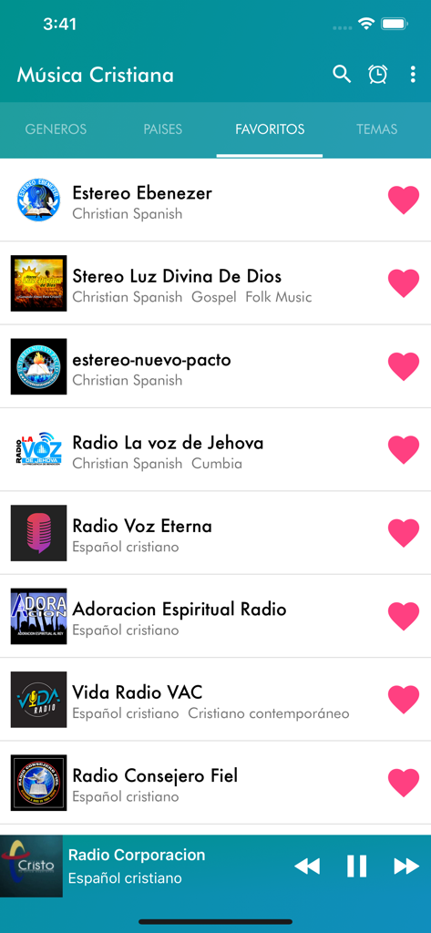 Musica Cristiana Radio - Screenshot of the Musica Cristiana Radio app displaying a list of favorite Spanish language Christian radio stations