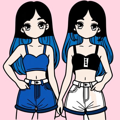 two sisters with crop tops and jean shorts and straight hair