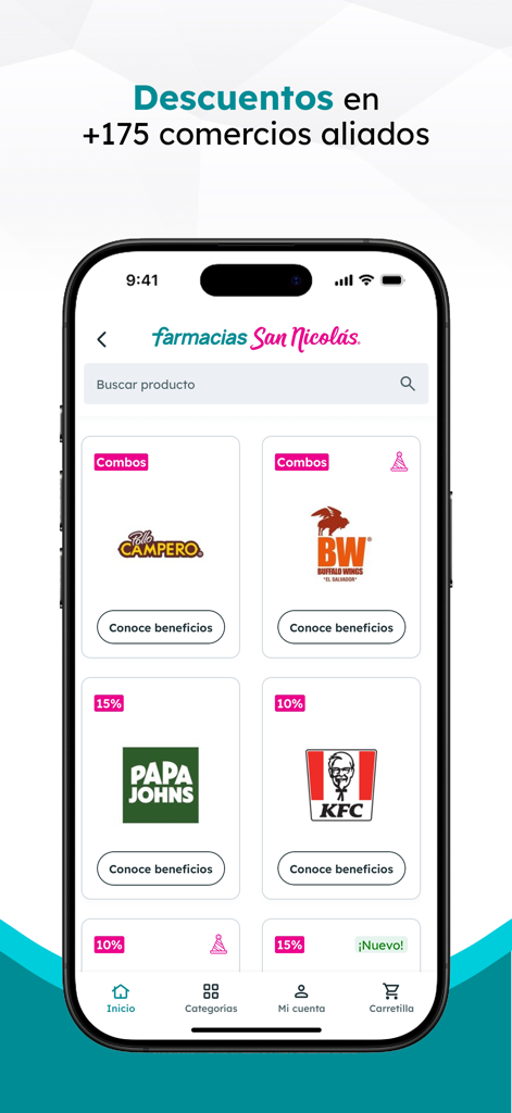 Farmacias San Nicolas App Bildschirm, der Rabatte bei Partnerunternehmen wie KFC und Papa Johns zeigt
