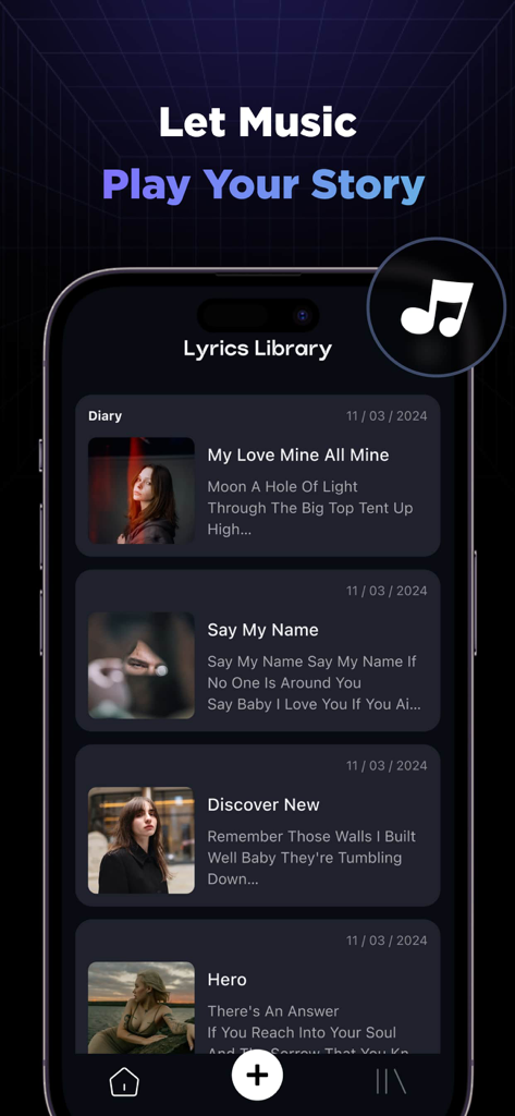 Lyrimusic - Power Your Music - Smartphone screen displaying the Lyrimusic app lyrics library with song titles and lyric snippets