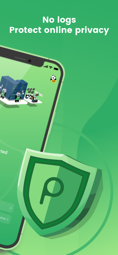 PandaVPN Lite interface highlighting no logs policy and online privacy protection with a green shield icon
