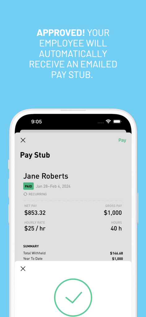 A mobile screen showing a completed pay stub on the Nest Payroll app with a successful payment confirmation