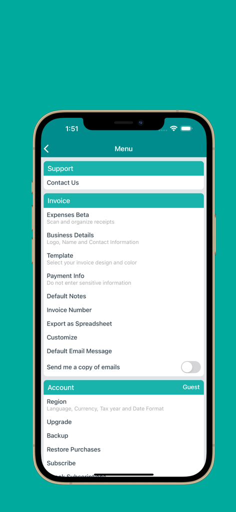 INVOICE SIMPLE - A interface de menu do aplicativo móvel Invoice Simple mostrando configurações para faturas e contas
