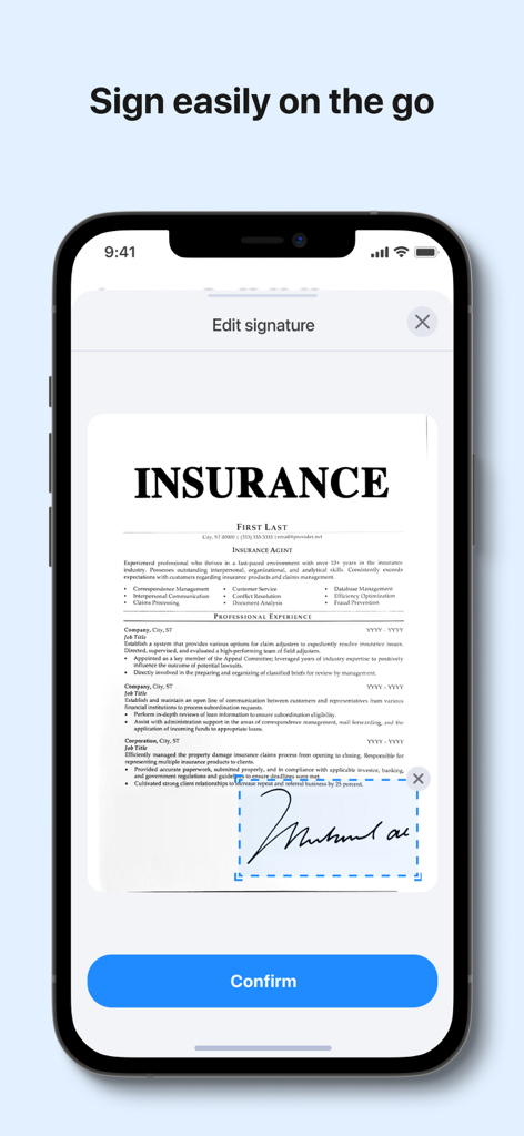 iPhone screen displaying the PDF Guru app used to electronically sign an insurance document