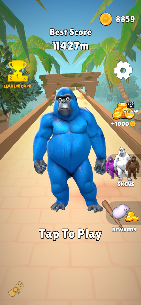 Tela principal do jogo mobile Yeti Bigfoot Fluffy mostrando um personagem yeti azul.