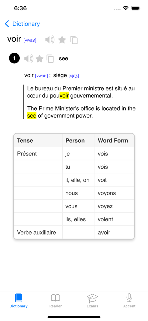 French : A1, A2, B1, B2 exams - Screenshot of a French dictionary app showing the present tense conjugation table for the verb voir with example sentences.
