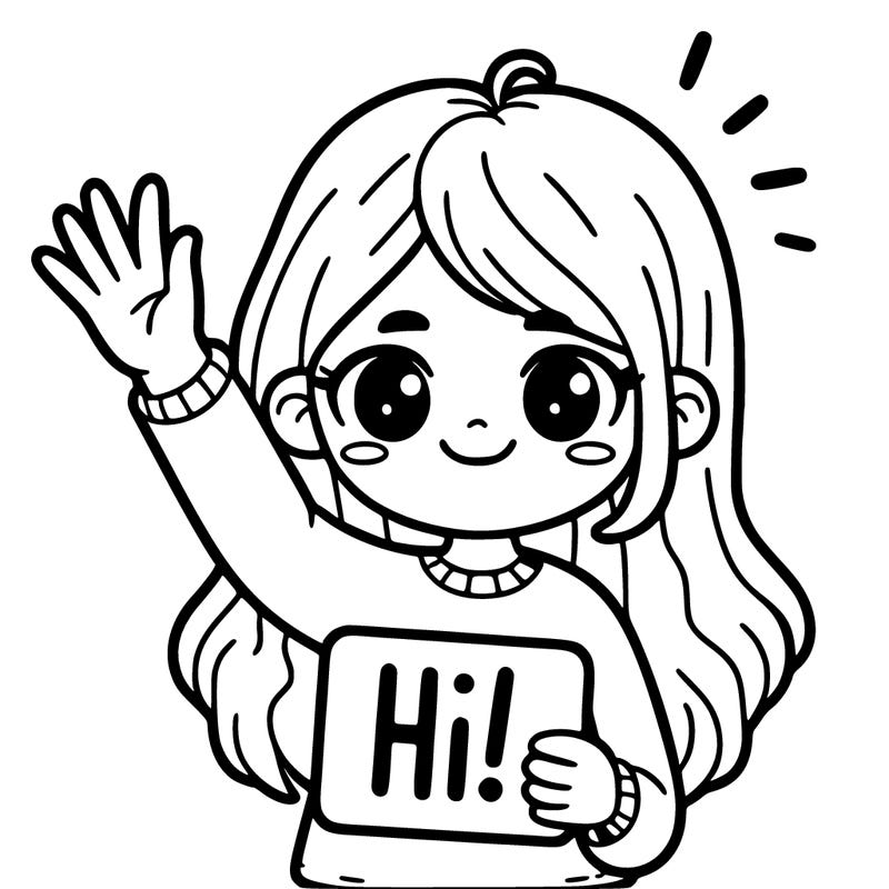 girl holding up a hi! sign