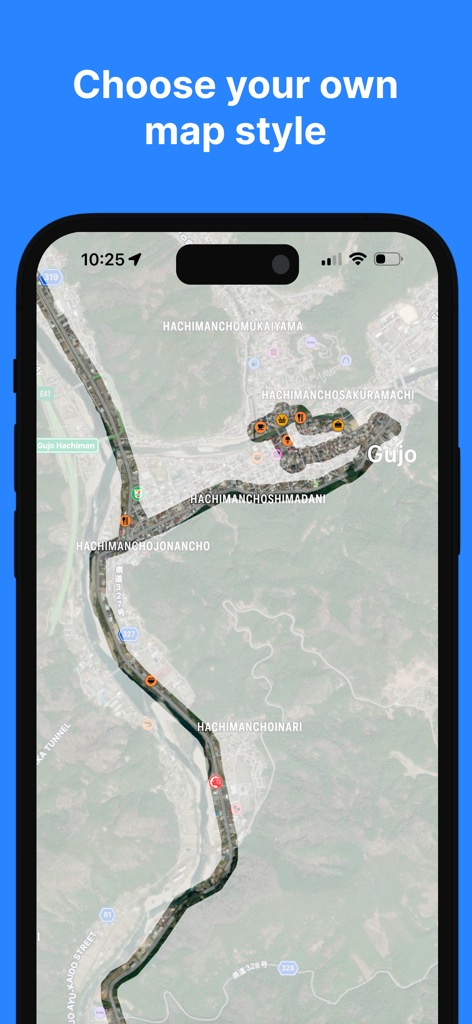 Been To - Track Your Places - A satellite map view within the Been To app showing revealed travel paths and the option to choose map styles