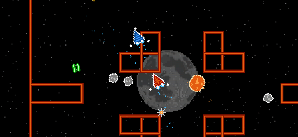 Astro Party - Retro 8-bit spaceships battling in a space arena with a large moon and orange obstacles