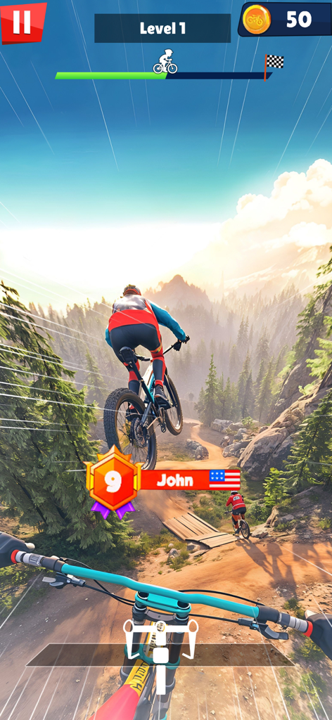 Vista en primera persona de una carrera de BMX 3D en un bosque de montaña