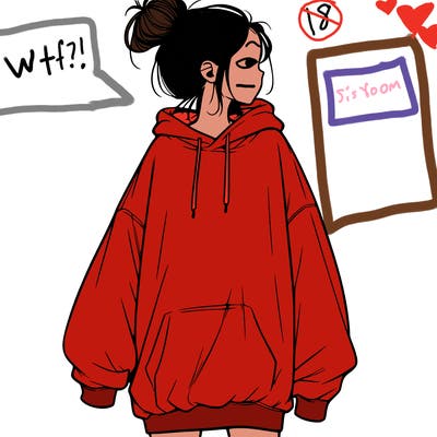 realistic girl with a oversized sweatshirt on and a bun