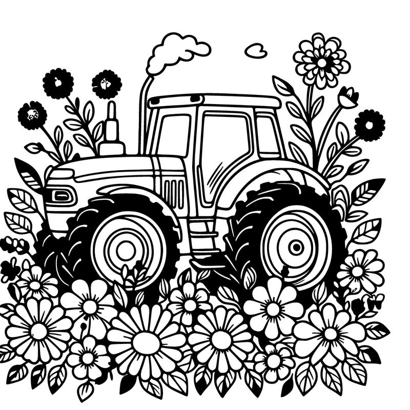 a tractor surrounded with flowers