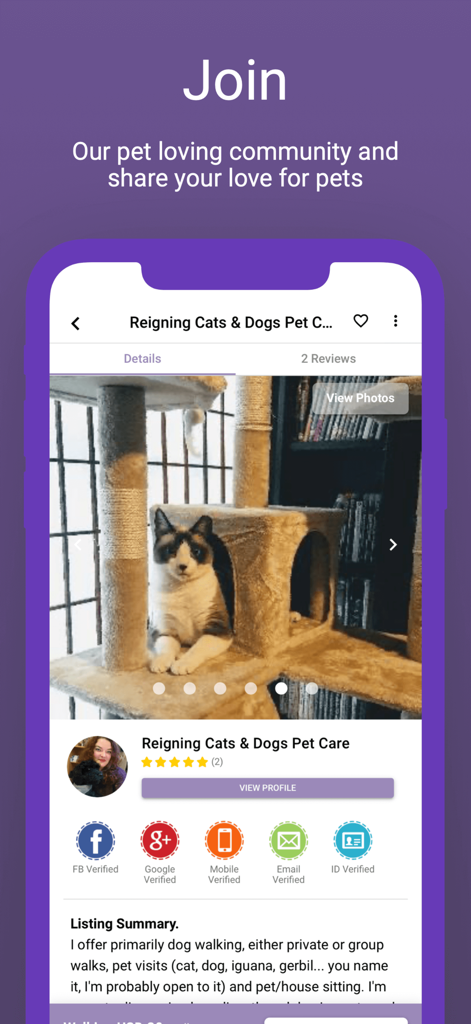 PetBacker: Dog Cat Pet Sitting - 猫と信頼バッジが表示された、検証済みのペットシッターのプロフィール画面