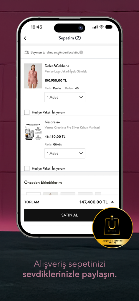 Beymen app shopping cart displaying luxury items and a share basket feature