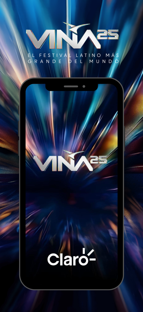Claro Viña 2025 - Pantalla de bienvenida oficial de la app del festival Claro Viña 2025 mostrando el logo de Viña 25 y la marca Claro en un smartphone