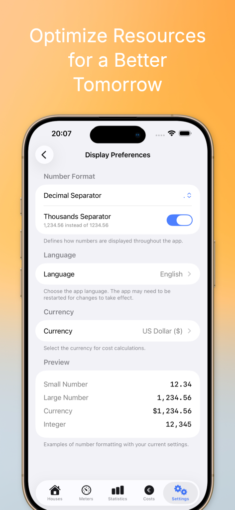 Meter Usage app display preferences screen with number format and currency settings