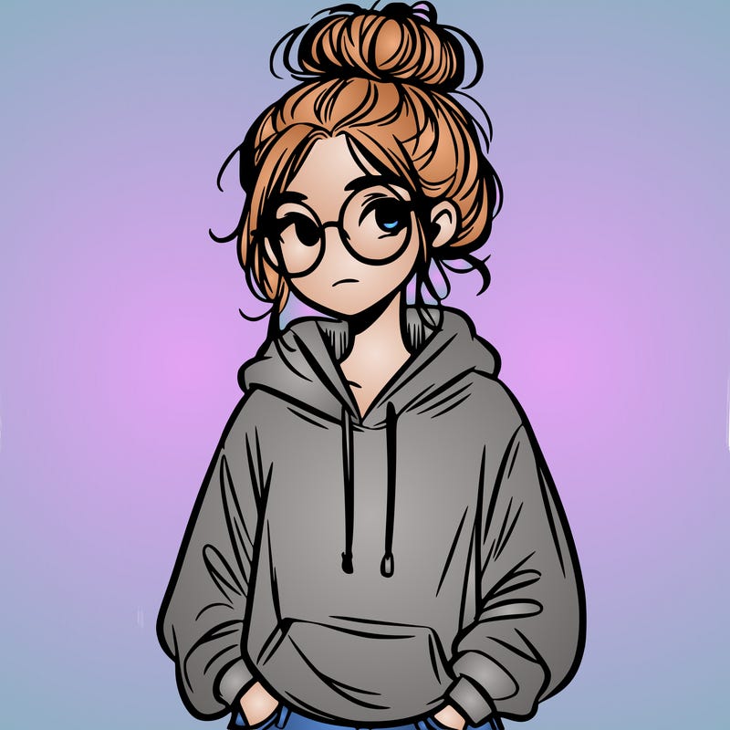 teen girl with a messy bun and glasses wearing a loose hoodie and jeans