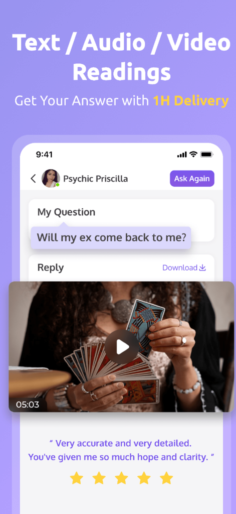Soulight-Online Psychic Advice - Écran de l'application Soulight montrant des options de lecture psychique par texte et vidéo avec une session de lecteur de tarot et un avis utilisateur
