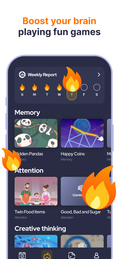 BrainBloom App-Oberfläche zeigt wöchentlichen kognitiven Fortschritt und Kategorien von Gehirnspielen wie Gedächtnis und Aufmerksamkeit