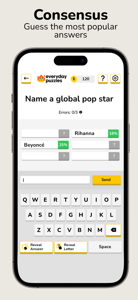 Everyday Puzzles: Mini Games - A screenshot of the Consensus mini-game in the Everyday Puzzles app showing a trivia question to name a global pop star with answers like Rihanna and Beyonce.