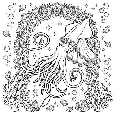 Discover a whimsical underwater wedding with our Bigfin Squid coloring page. This enchanting design beautifully combines marine mystery with romantic celebration, perfect for a creative escape.