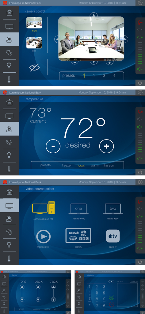 Q-SYS UCI Viewer interface showing camera control temperature management and video source selection