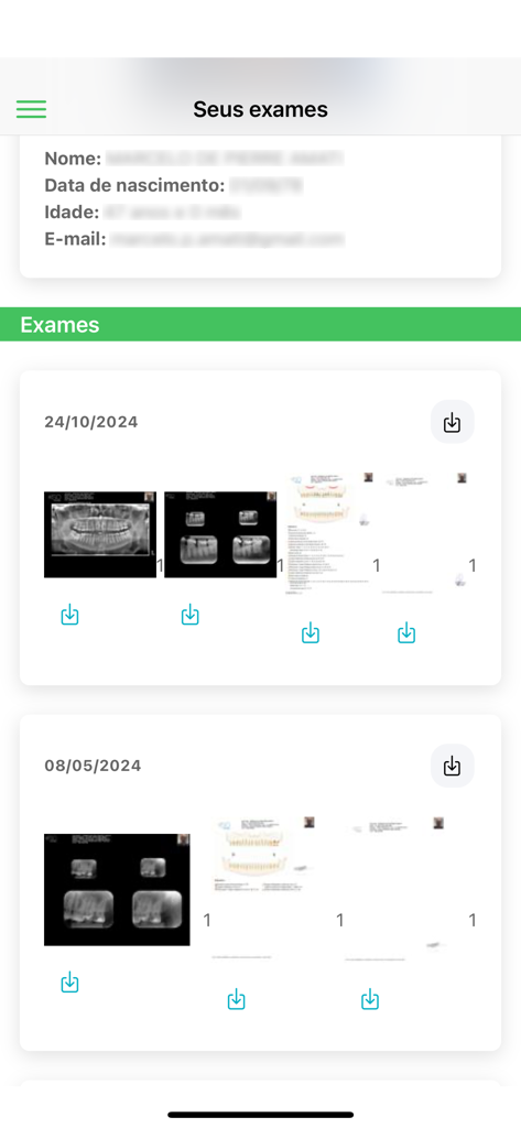 Interface de aplicativo móvel mostrando uma lista de exames médicos de pacientes, incluindo raios-X dentários com opções de download.