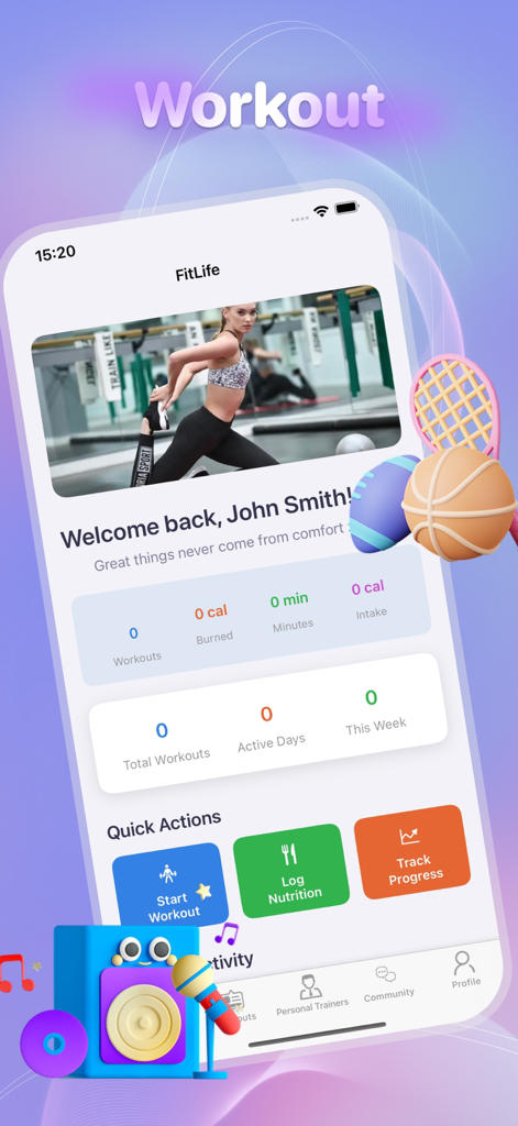 Canvio:Live Video,Chat Fun - Canvio app workout dashboard showing fitness statistics and training progress for the user