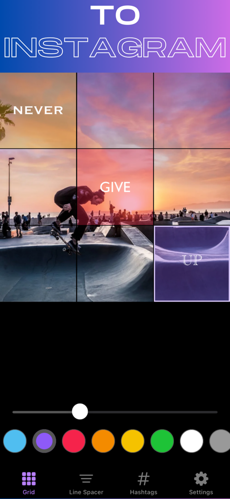 A 3x3 photo grid layout for Instagram featuring a skateboarder at sunset with custom text overlays
