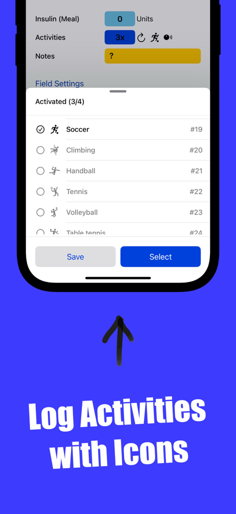 Diabetes Diary & Tracker Plus - Activity logging interface with sport icons in the Diabetes Diary and Tracker Plus app