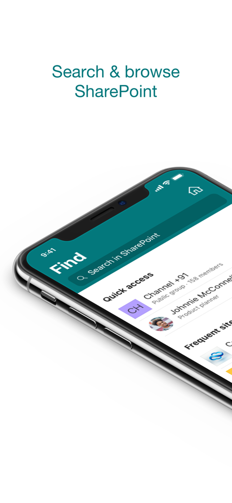 Interface de busca e navegação do aplicativo móvel Microsoft SharePoint
