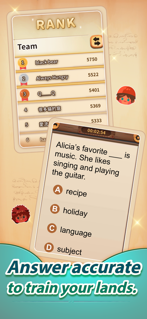 PaGamO - Una captura de pantalla de la aplicación PaGamO que muestra una clasificación de equipos y una pregunta de inglés de opción múltiple.