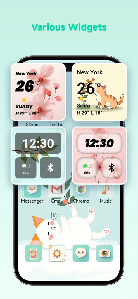 Themes: Wallpaper & Widgets - かわいい花柄と猫のイラストを備えた天気時計やバッテリーなどのさまざまな美的ウィジェットを示すiPhone画面