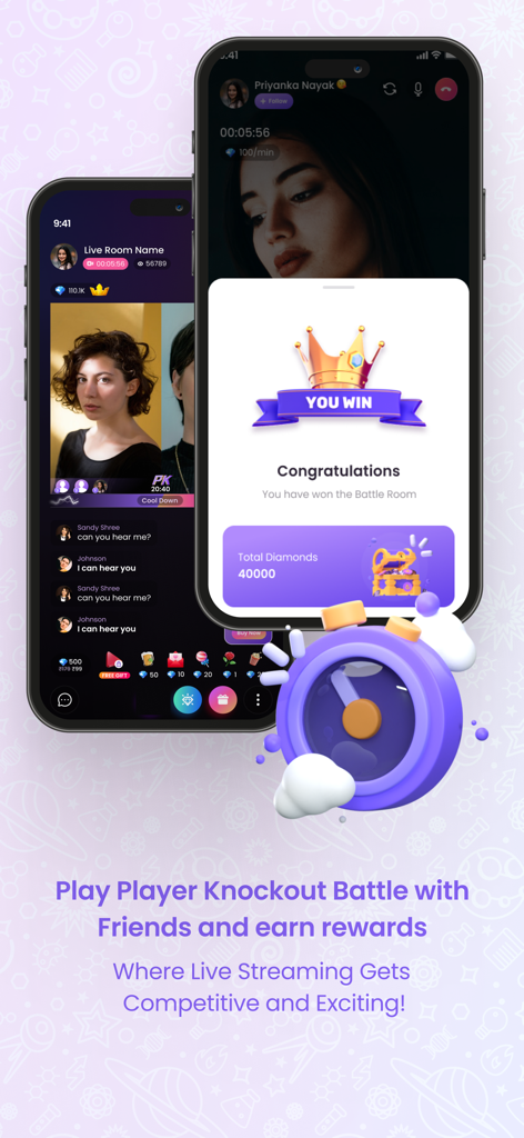 Chingari app interface showing a player knockout battle win message with diamond rewards