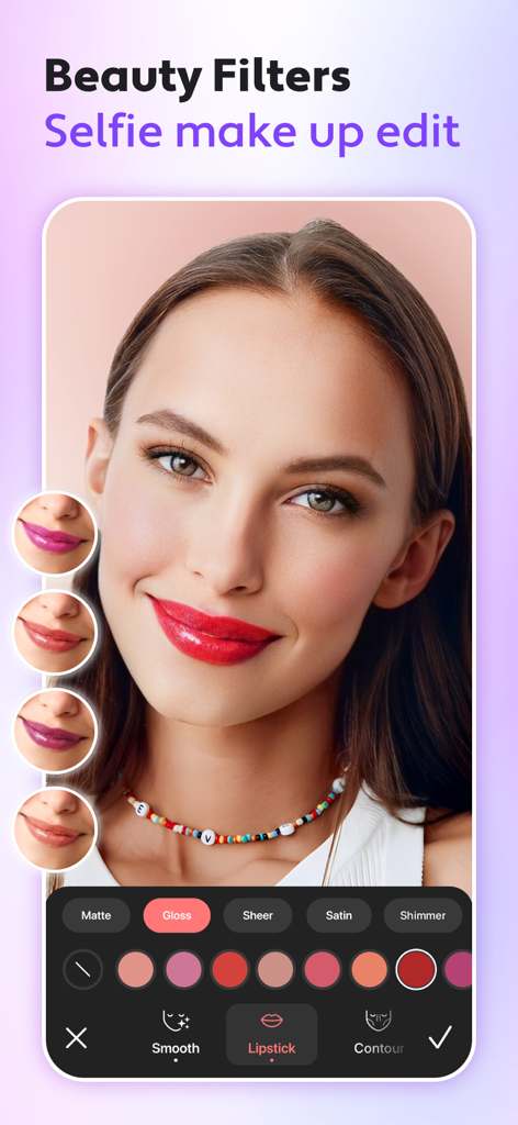Cosmo app interface for selfie makeup editing showing virtual lipstick color options