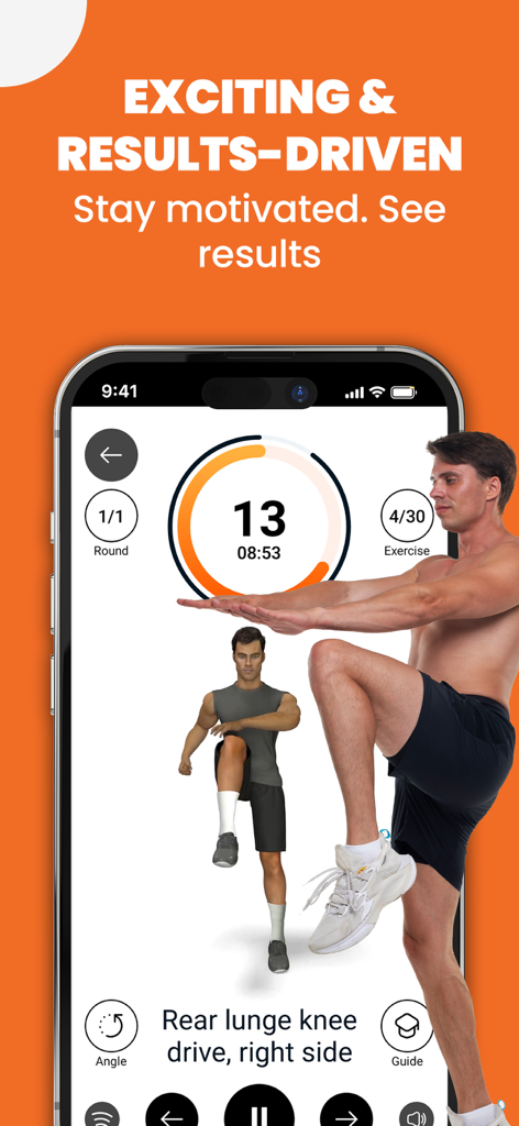 Interfaz de aplicación móvil que muestra un ejercicio de zancada trasera con elevación de rodilla con un temporizador y guía de ejercicios.