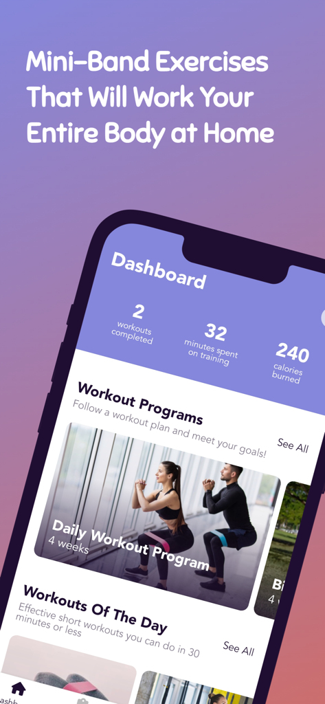 Mini Band Exercises - Mini Band Exercises app interface showing workout dashboard with statistics and training programs.