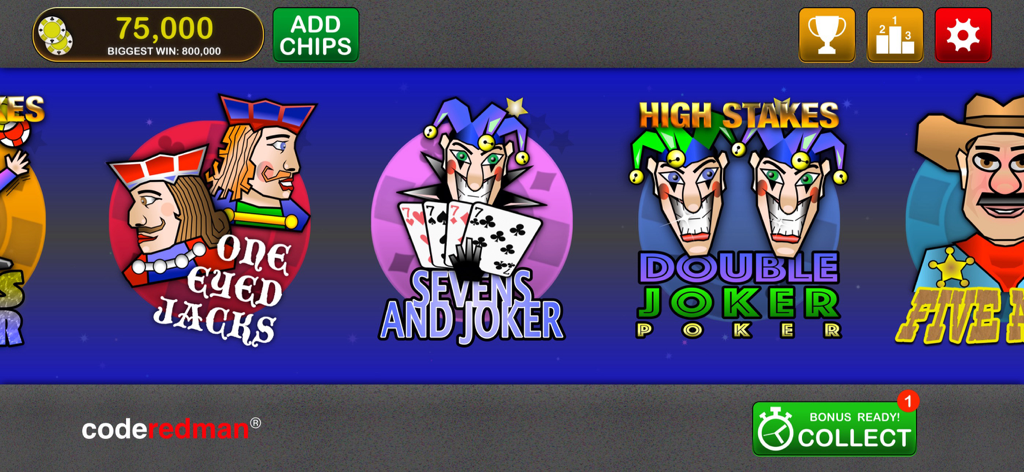 Menú de selección de juegos de Video Poker Jackpot que muestra diferentes variantes de juegos de cartas como One Eyed Jacks y Double Joker Poker.