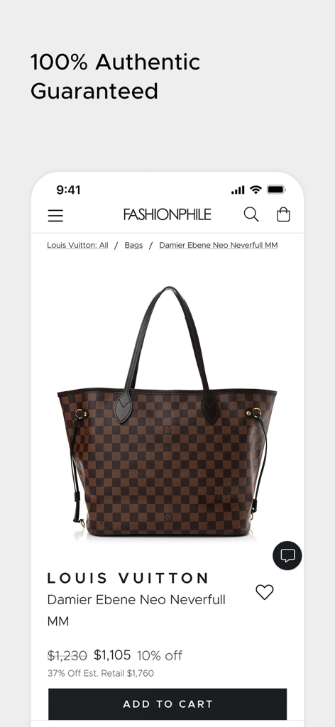 FASHIONPHILE - Louis Vuitton Damier Ebene Neverfull handbag displayed on the FASHIONPHILE app with 100% authenticity guarantee.