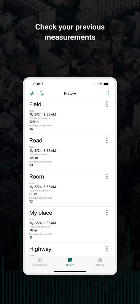 My GPS Tape Measure - Measurement history list in the My GPS Tape Measure app showing saved distances for outdoor locations like fields and roads.
