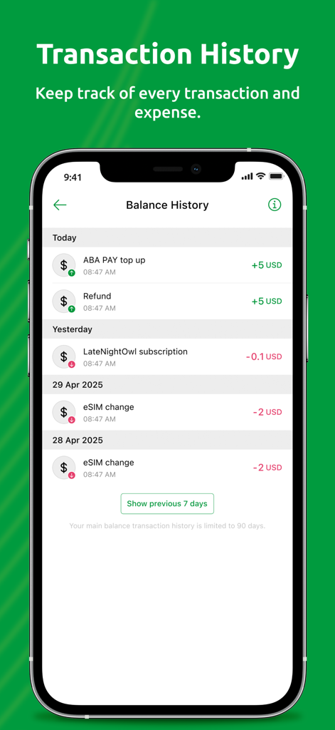 SmartNas - SmartNas mobile app transaction history screen showing balance changes and expenses.