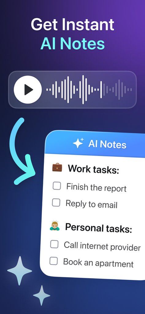AI Transcribe: Voice to Text ⋆ - AI Transcribe app interface showing an audio recording being converted into organized work and personal task checklists.