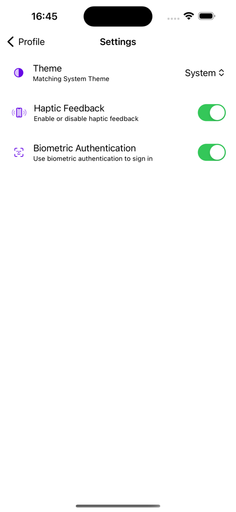 D-CASH - D-CASH app settings menu showing options for theme, haptic feedback, and biometric authentication.