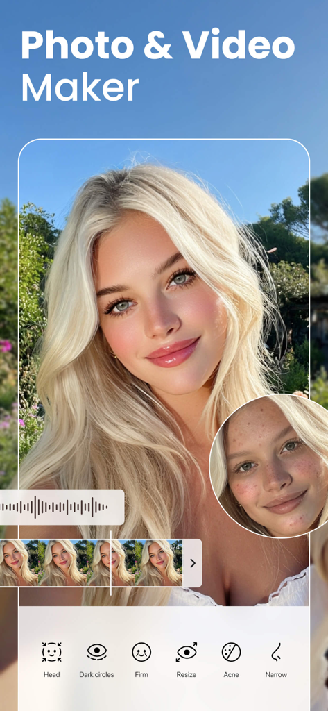 Ein Screenshot der BeautyPlus-App, der Werkzeuge zur Hautretusche und zur Anpassung von Gesichtsmerkmalen auf einem Selfie-Porträt zeigt