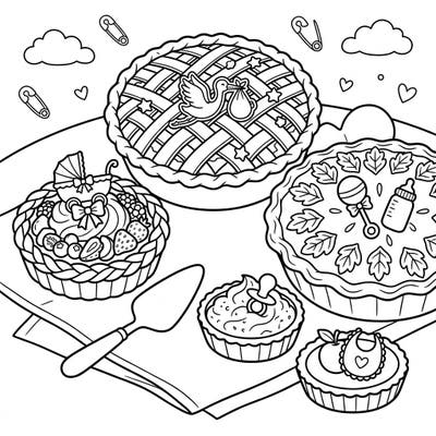 Get ready to celebrate a new bundle of joy with this charming coloring page featuring an array of delicious pies and tarts, all adorned with adorable baby shower elements. Perfect for a relaxing activity or a party centerpiece, this printable brings the sweetness of anticipation to life.