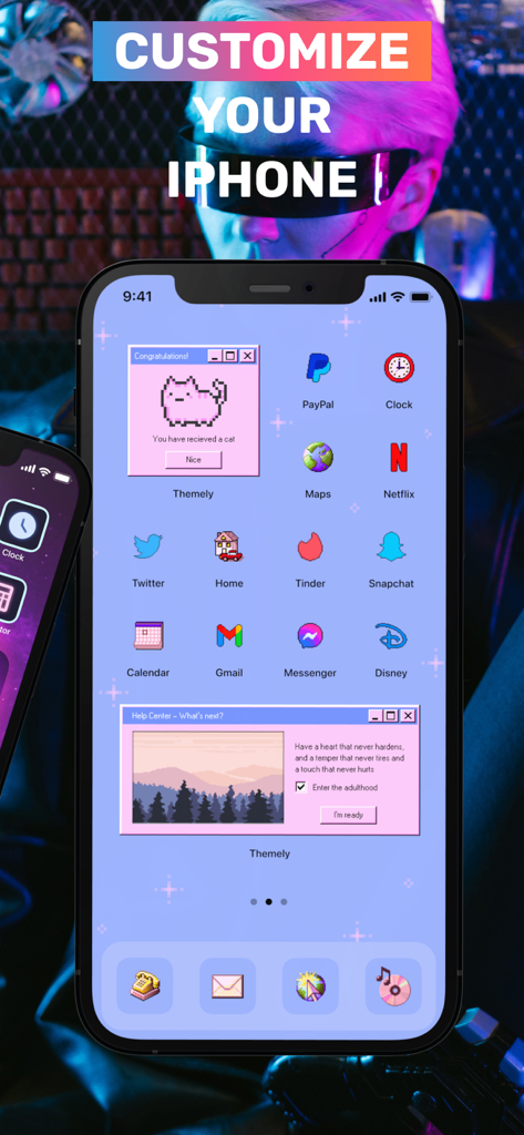 Themes - Icon Changer + Widget - Aesthetic iPhone home screen featuring retro icons and pink widgets