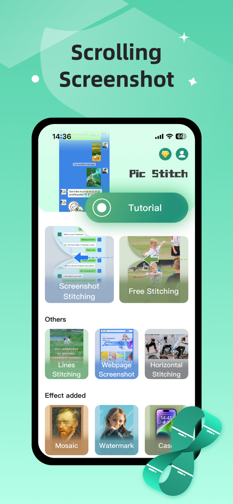 Pic Stitch：stitch long image - Interface de l'application Pic Stitch affichant les fonctionnalités de captures d'écran déroulantes et d'assemblage d'images